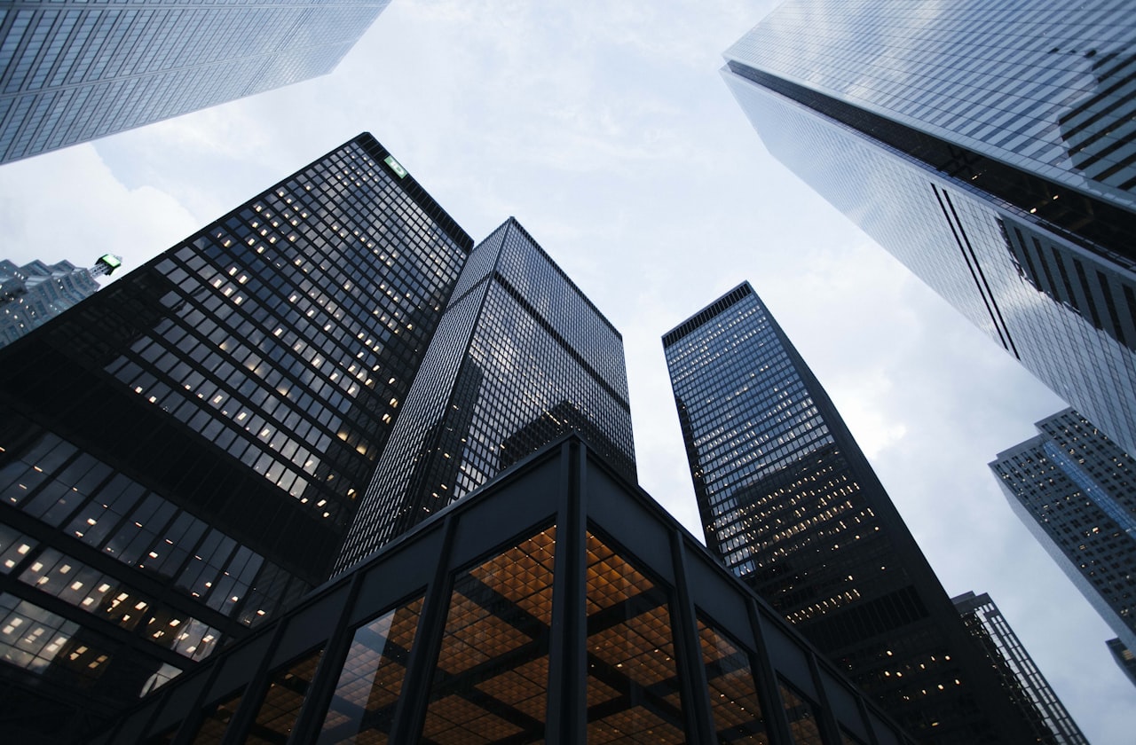 Modern financial district representing investment and development